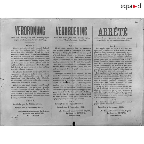 Paris. Musée Leblanc. Bruxelles. Répression des abus au préjudice des germanophiles (4 sept. 15). [légende d'origine]