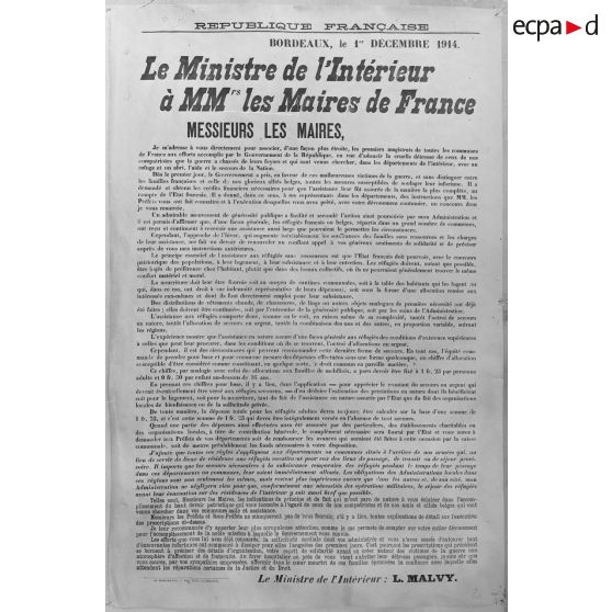 Bordeaux. Le Ministre de l'Intérieur aux maires de France (1er déc. 14). [légende d'origine]