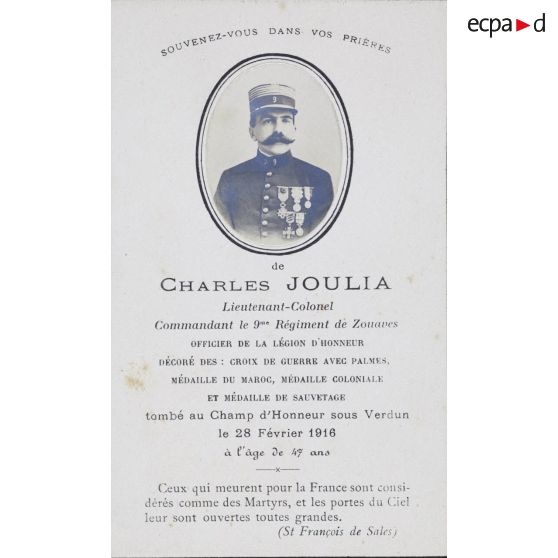 Souvenez-vous dans vos prières de Charles Joulia, lieutenant-colonel le 9e régiment de zouaves [...]. [légende d'origine]