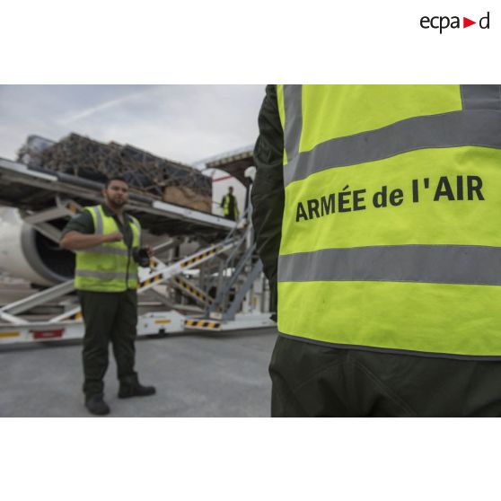 Le personnel navigant encadre le chargement de fret à bord d'un avion de ligne Airbus A310-300 sur l'aéroport de Roissy-Charles-de-Gaulle.