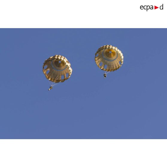 Des stagiaires du 1er régiment de chasseurs parachutistes (1er RCP) sautent sur la zone de saut de Wright à l'école des troupes aéroportées (ETAP) de Pau.