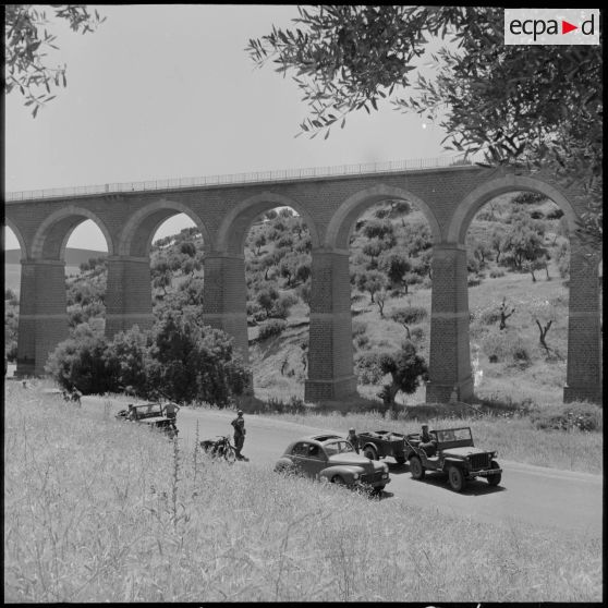 Convoi de jeeps de la 1e compagnie du 22e RI (régiment d'infanterie) devant un viaduc sur la route d'Orléansville.