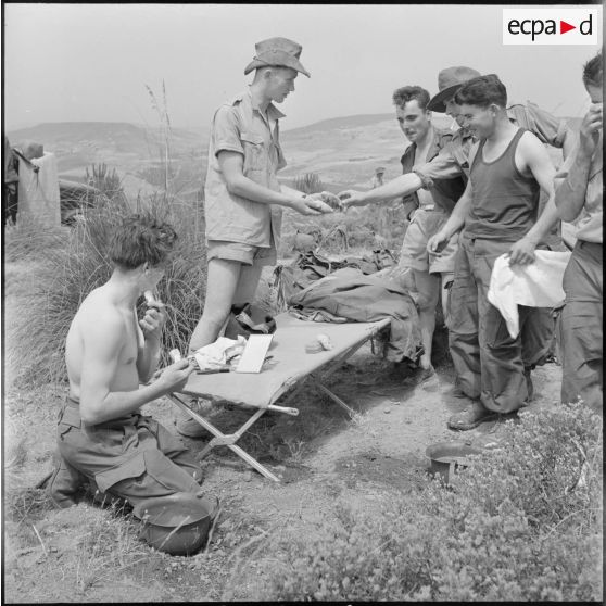 Distribution de pommes de terre par un soldat à ses camarades dans le bivouac de la 3e compagnie du 22e RI (régiment d'infanterie) dans la région d'Alger.