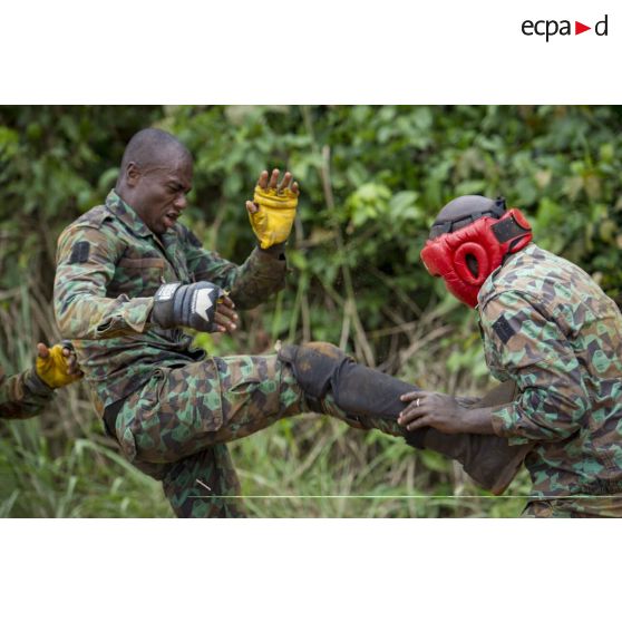 Des gendarmes ivoiriens s'entraînent au combat rapproché sous la supervision d'instructeurs du 13e bataillon de chasseurs alpins (BCA) à Abidjan, en Côte d'Ivoire.