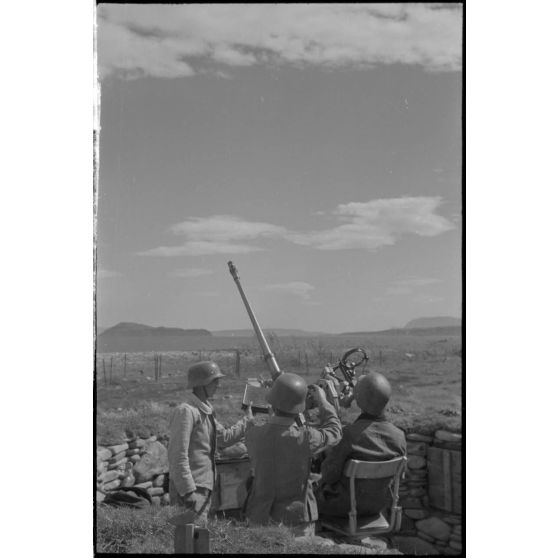 En Crète, des servants allemands d'une pièce de DCA légère de 2 cm FlaK.