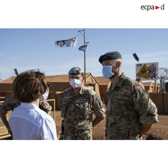 La ministre des Armées Florence Parly rencontre des officiers des armées de l'Air royales britanniques et danoises à Gao, au Mali.