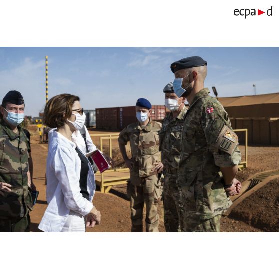 La ministre des Armées Florence Parly rencontre des officiers des armées de l'Air royales britanniques et danoises à Gao, au Mali.