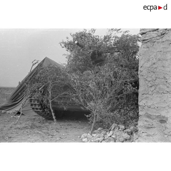 Un char Panzer III (Pz-III Ausf-L) est camouflé sous des branchages près d'une habitation de pierre.