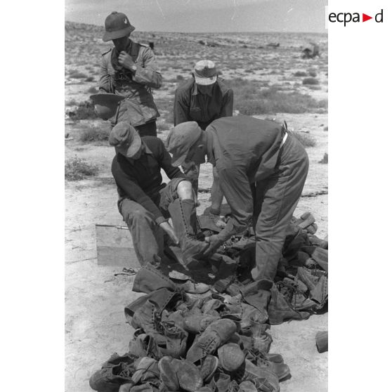 Des soldats du Panzer Regiment 5 (Pz.Rgt-5) se regroupent et essaient de nouveaux effets et des moustiquaires (Casques coloniaux, vareuses, bottes et brodequins).