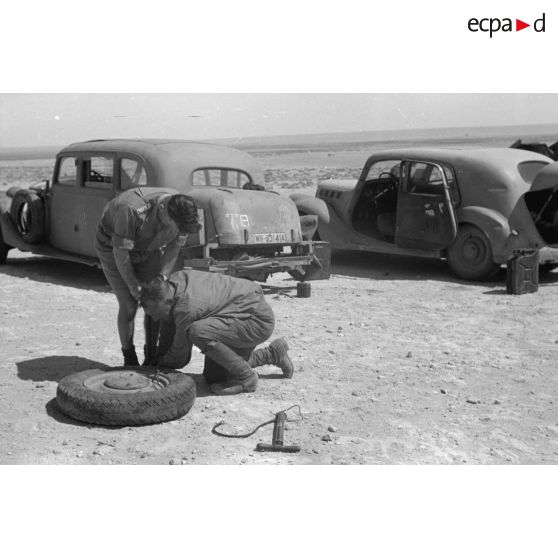 Des hommes du 155e Panzer Artillerie Regiment (Pz.Art.Rgt-155) cuisinent et changent une roue de leur véhicule tandis que des camions passent sur la route