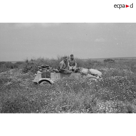 Deux soldats sont installés à bord d'une voiture Kübelwagen.