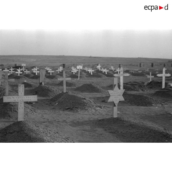 Tombes britanniques dans le cimetière de Tobrouk, seulement les tombes du premier plan semblent lisibles.