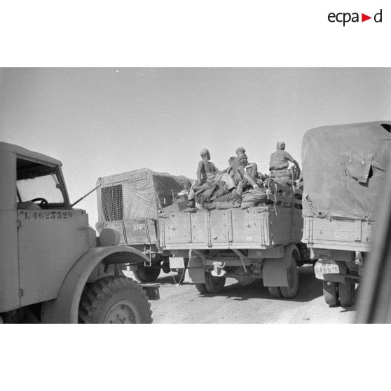 Une colonne de camions de l'Axe (italiens et Allemands) progresse sur la route côtière.