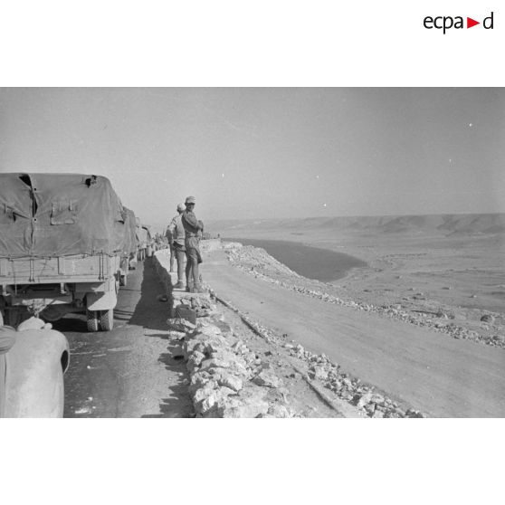 Une colonne de camions de l'Axe (italiens et Allemands) progresse sur la route côtière.