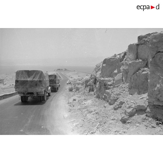 Des camions allemands et italiens roulent sur la Via Balbia entre Halfaya et Tobrouk.