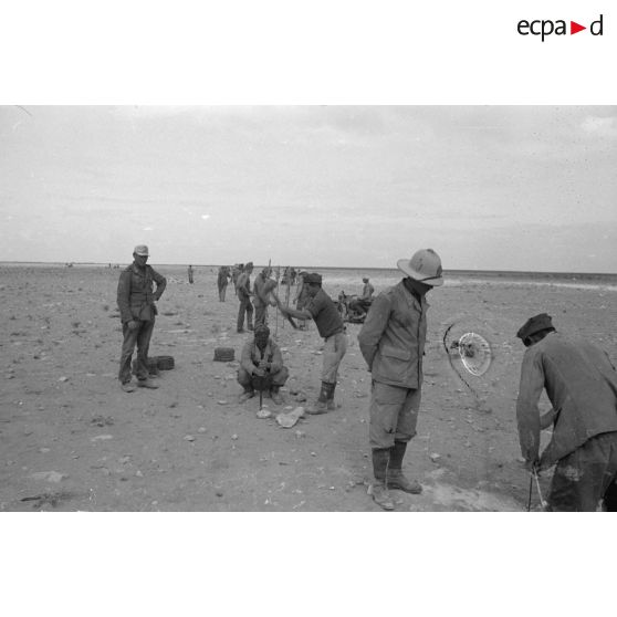 Des soldats allemands et italiens posent un réseau de barbelés.