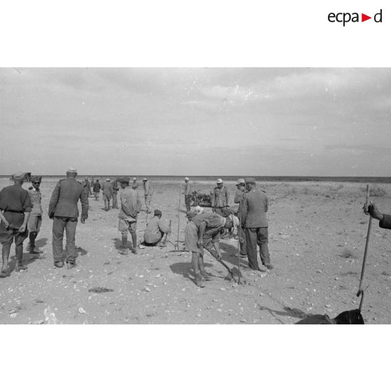 Des soldats allemands et italiens posent un réseau de barbelés.