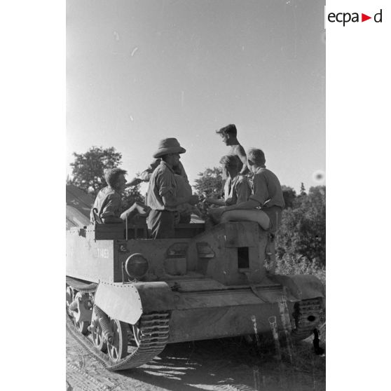 Un Bren carrier britannique capturé par les forces allemandes, on remarque l'immatriculation peinte en blanc (T 14153).