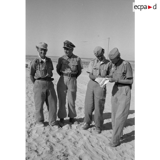 Portrait de groupe des pilotes Erhard Braune (III/JG 27), Gustave Rödel, Eduard Neumann et Gerhard Homuth.