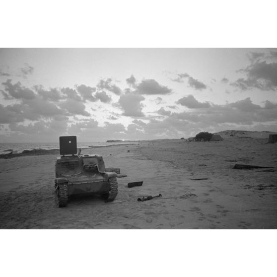 Une chenillette L3/35 ou Carro Veloce CV-35 abandonnée sur une plage.