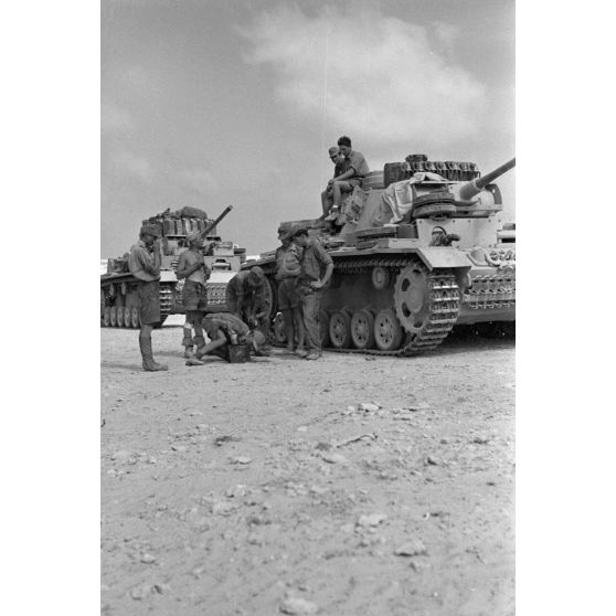 Repas de deux équipages de chars Panzer III progressant dans un désert égyptien.