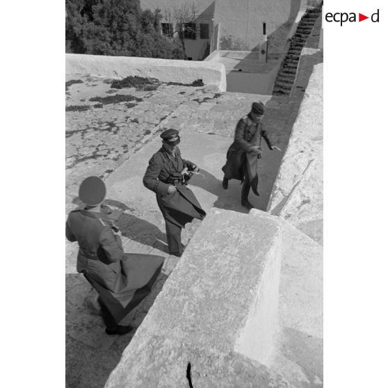 Au fort d'Hammemet (Tunisie), l'interview du capitaine Walter Bornschein (Kampfgeschwader KG 2) par un Sonderführer de la 6e compagnie de propagande de la Luftwaffe.