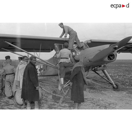 Préparation d'une mission de reconnaissance au-dessus de Kairouan, le Fieseler Storch est immatriculé NE+DF.