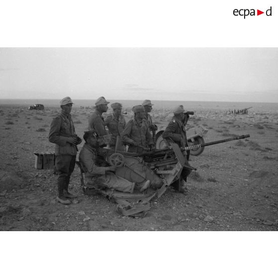 Une pièce de 2 cm FlaK et ses servants positionnés en protection d'une batterie de canons de 15 cm.