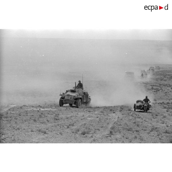 Colonne de véhicules dans un nuage de poussière. Blindé SdKfz-221 du Pz-Aufkl-Abt-3 et side-car.