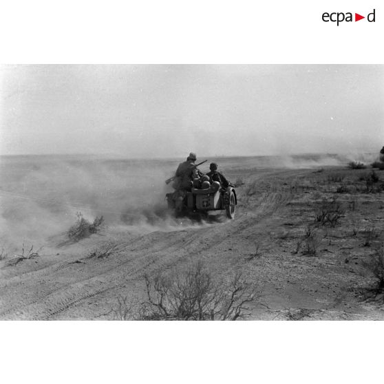 Side-cars qui roulent dans le désert.