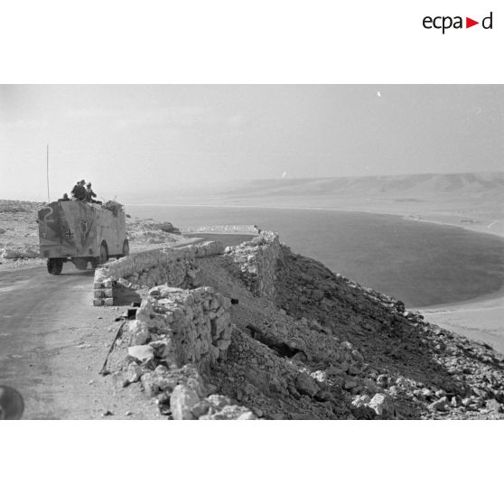 Un command car AEC Dorchester baptisé "Mammoth", portant le chiffre 2, roule sur la via Balbia, le long de la mer.