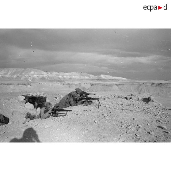 Des soldats italiens dotés d'une mitrailleuse Breda M30 et de fusils Carcano en position.