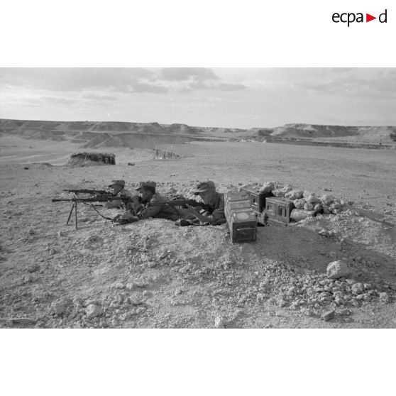 Des soldats italiens dotés d'une mitrailleuse Breda M30 et de fusils Carcano en position.