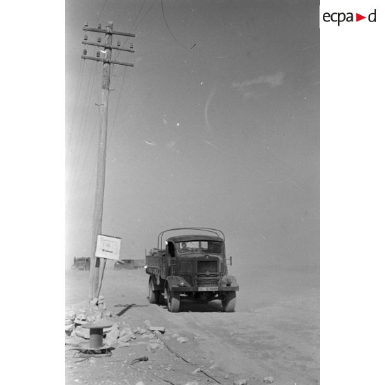 Passage de camions le long de poteaux télégraphiques et à coté d'un panneau indiquant un point de rassemblement.