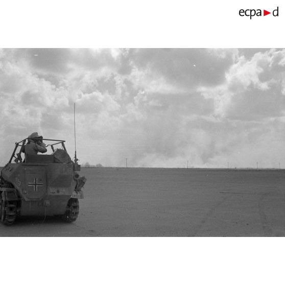 Un semi-chenillé Sd.Kfz-250/3 de la 21 division blindée allemande (21-Pz.Div.), ce véhicule appartient au Panzer Artillerie Regiment 155..