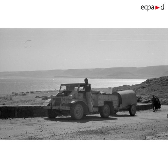 Une colonne de véhicules divers, camions Mercedes, Opel Blitz, camions de prise d'origine britannique.