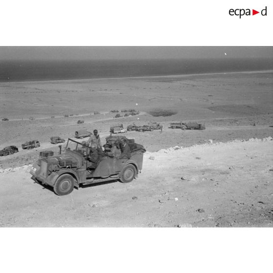 Une colonne de véhicules divers, camions Mercedes, Opel Blitz, camions de prise et un blindé Sd.Kfz.263.