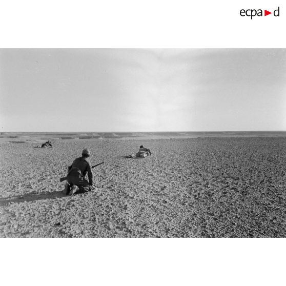 Un groupe de soldats allongés sur le sol observe le terrain.