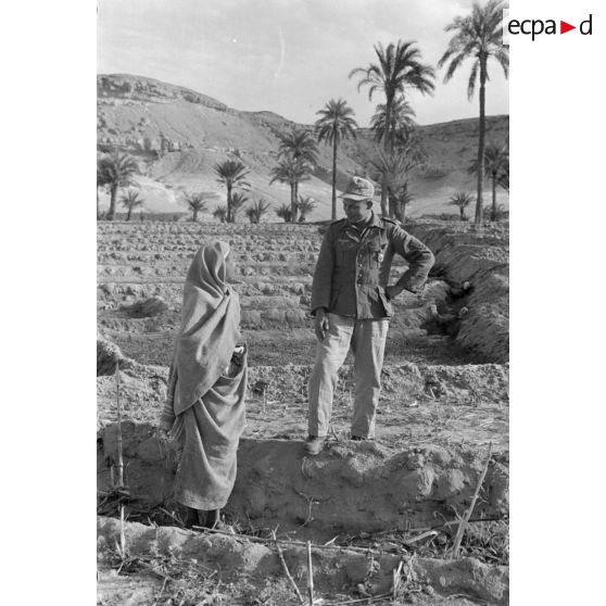 Un lieutenant (Oberleutnant) et un caporal (Gefreiter) discutent avec des habitants du village au milieu des cultures de l'oasis.