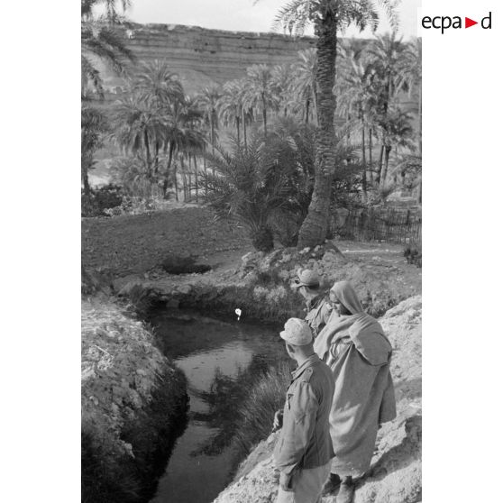 Un lieutenant (Oberleutnant) et un caporal (Gefreiter) discutent avec des habitants du village au milieu des cultures de l'oasis.