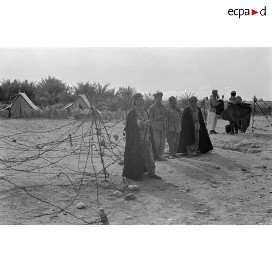 Groupes de soldats coloniaux italiens près d'un réseau de barbelés.