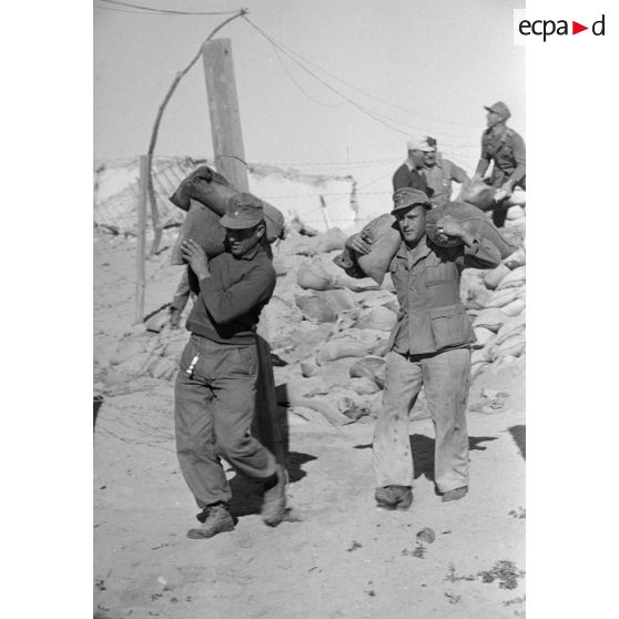 Deux soldats transportent des sacs de sable.