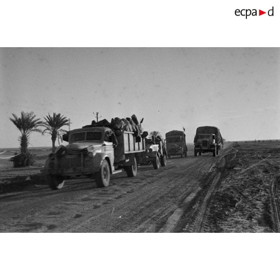 Une unité de FlaK se déplace an convoi sur une route. Elle est équipée de véhicules allemands et anglais.