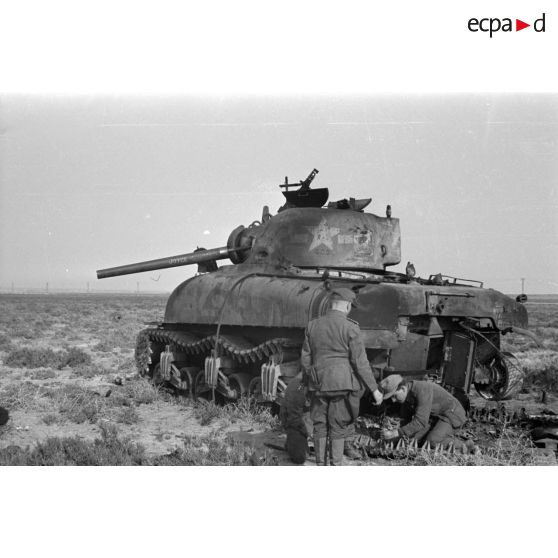 Des soldats s'affairent autour de la carcasse d'un char américain Sherman M4A1 détruit, sur le canon de 75 mm, on note le prénom Joyce.