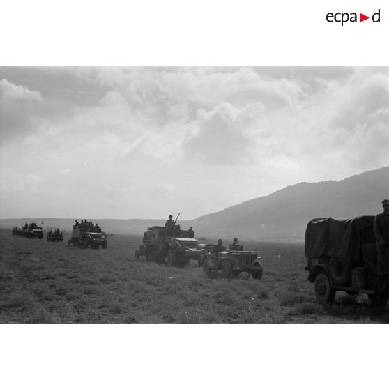 Colonne de véhicules américains capturés et utilisés par la 10e division blindée allemande, half-tracks (APC M2), jeep.<br>