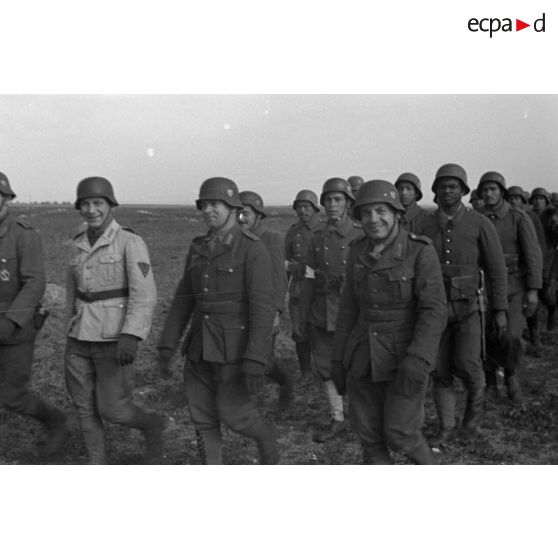 Une colonne de volontaires qui marchent au pas, le premier rang est occupé par des cadres allemands.