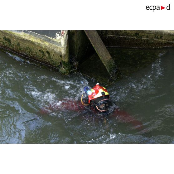 Sous le pont des Arts, entraînement d'un plongeur de la brigade spécialiste des interventions subaquatiques de la BSPP (Brigade des sapeurs-pompiers de Paris).