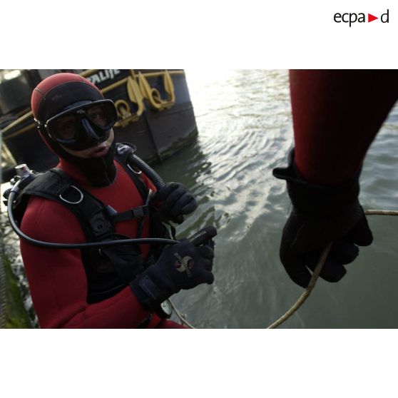 Sous le pont des Arts, entraînement d'un plongeur de la brigade fluviale de la BSPP (Brigade des sapeurs-pompiers de Paris), spécialiste des milieux aquatiques.