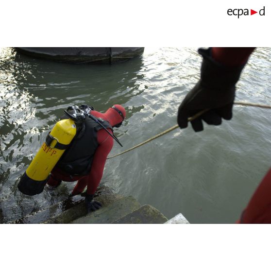 Sous le pont des Arts, entraînement d'un plongeur de la brigade fluviale de la BSPP (Brigade des sapeurs-pompiers de Paris), spécialiste des milieux aquatiques.