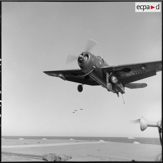 Appontage d'un avion bombardier Grumman TBM-3S Avenger sur le porte-avions l'Arromanches lors d'un exercice en Méditerranée.